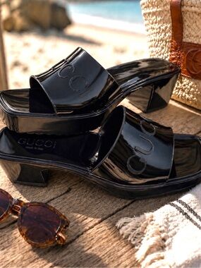 Gucci Black Embossed Patent/Rubber Platform Slide Mules IT 38